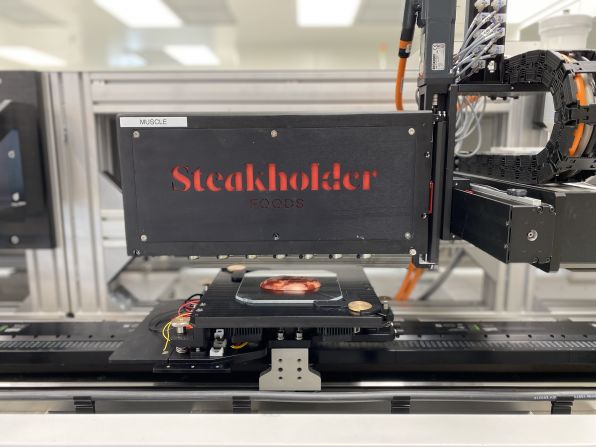 Prior to developing cultivated fish, Steakholder started out with beef. The company's 3D printer, pictured, can make steaks tailored to a person's composition preferences.