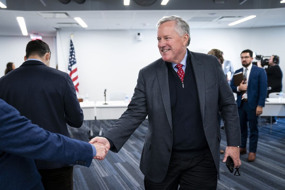 Meadows shakes hands with attendees after a forum on House and GOP conference rules for the 118th Congress at FreedomWorks, a conservative and libertarian advocacy group, in Washington, D.C., on Monday, November 14, 2022.