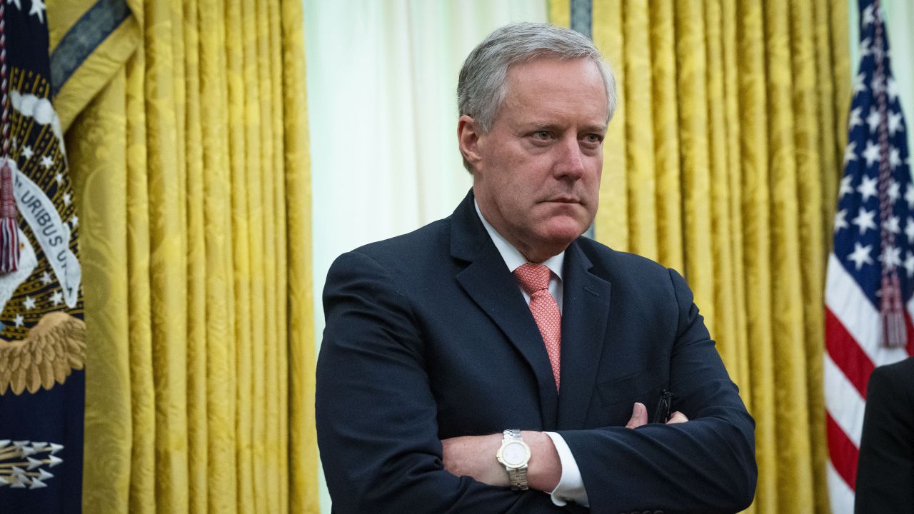 Then White House Chief of Staff Mark Meadows listens as President Donald Trump meets with New Jersey Gov. Phil Murphy in the Oval Office April 30, 2020