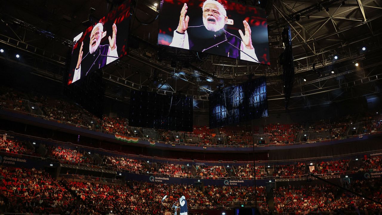 India's Prime Minister Narendra Modi speaks during an event with members of the local Indian community at the Qudos Arena in Sydney on May 23, 2023. 