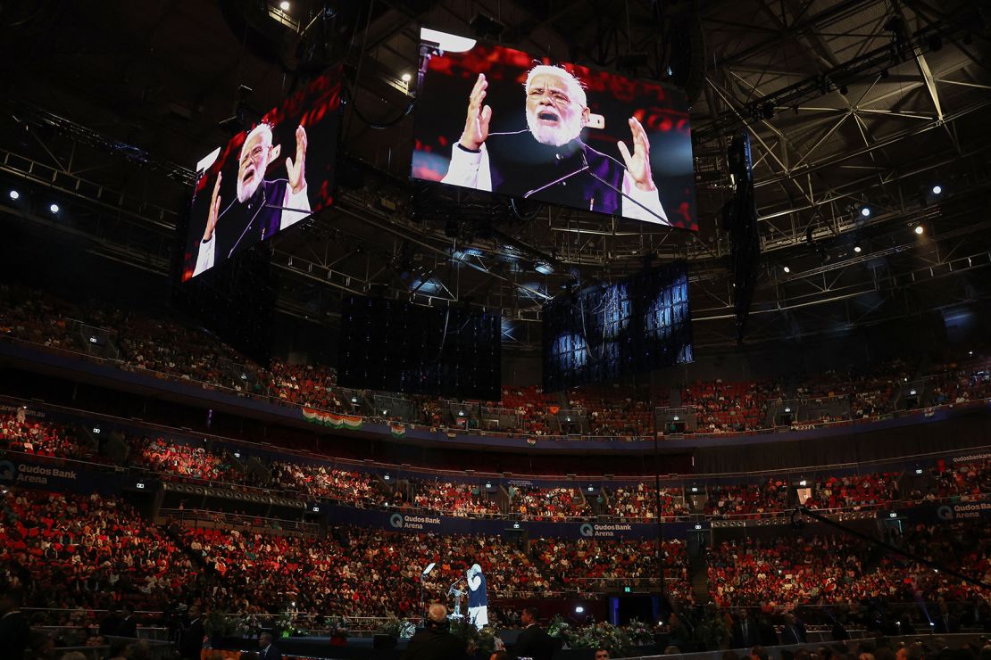 India's Prime Minister Narendra Modi speaks during an event with members of the local Indian community at the Qudos Arena in Sydney on May 23, 2023. 