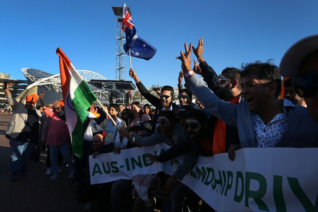 Members of the Australian Indian community await the arrival of Prime Minister Modi at Qudos Bank Arena on May 23 in Sydney, Australia. 