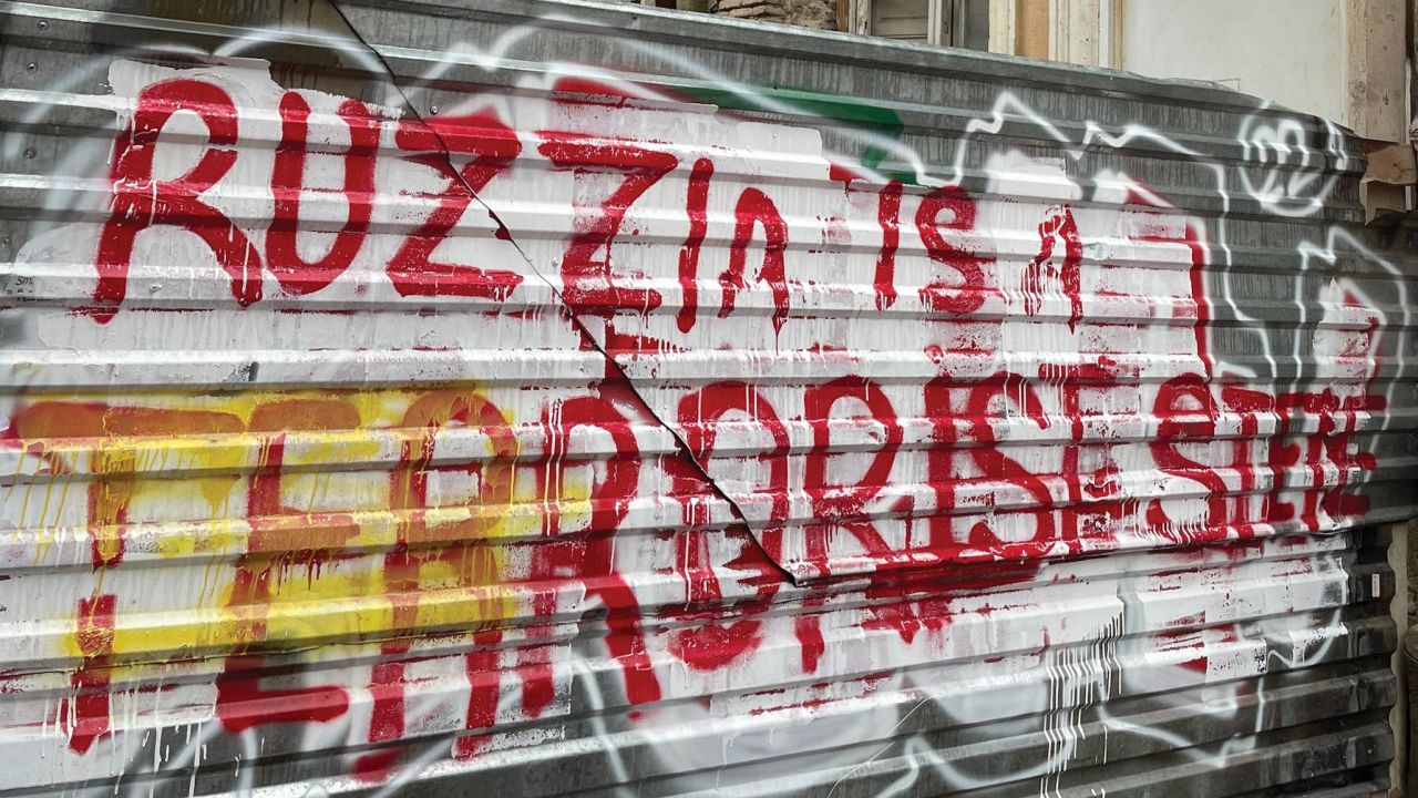 "Ruzzia is a terrorist state" is sprayed on many streets in Tbilisi, spelled using the Russian "Z" sign.
