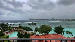 This photo provided by the U.S. Coast Guard overlooking Noverlooking Tumon Bay in Guam, as Super Typhoon Mawar closes in on Tuesday, May 23, 2023. 