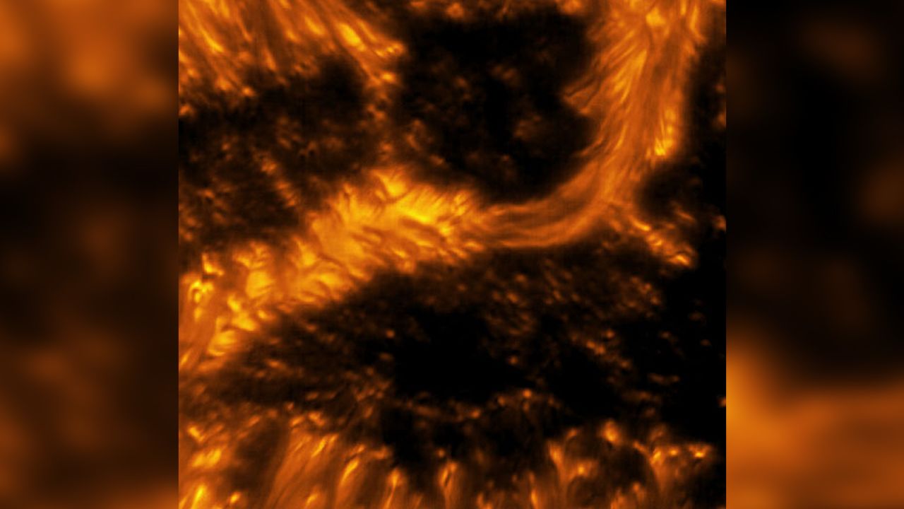 A detailed example of a light bridge crossing a sunspot's umbra. In this picture, the presence of convection cells surrounding the sunspot is also evident. Hot solar material (plasma) rises in the bright centers of these surrounding "cells," cools off, and then sinks below the surface in dark lanes in a process known as convection. The detailed image shows complex light bridge and convection cell structures on the Sun