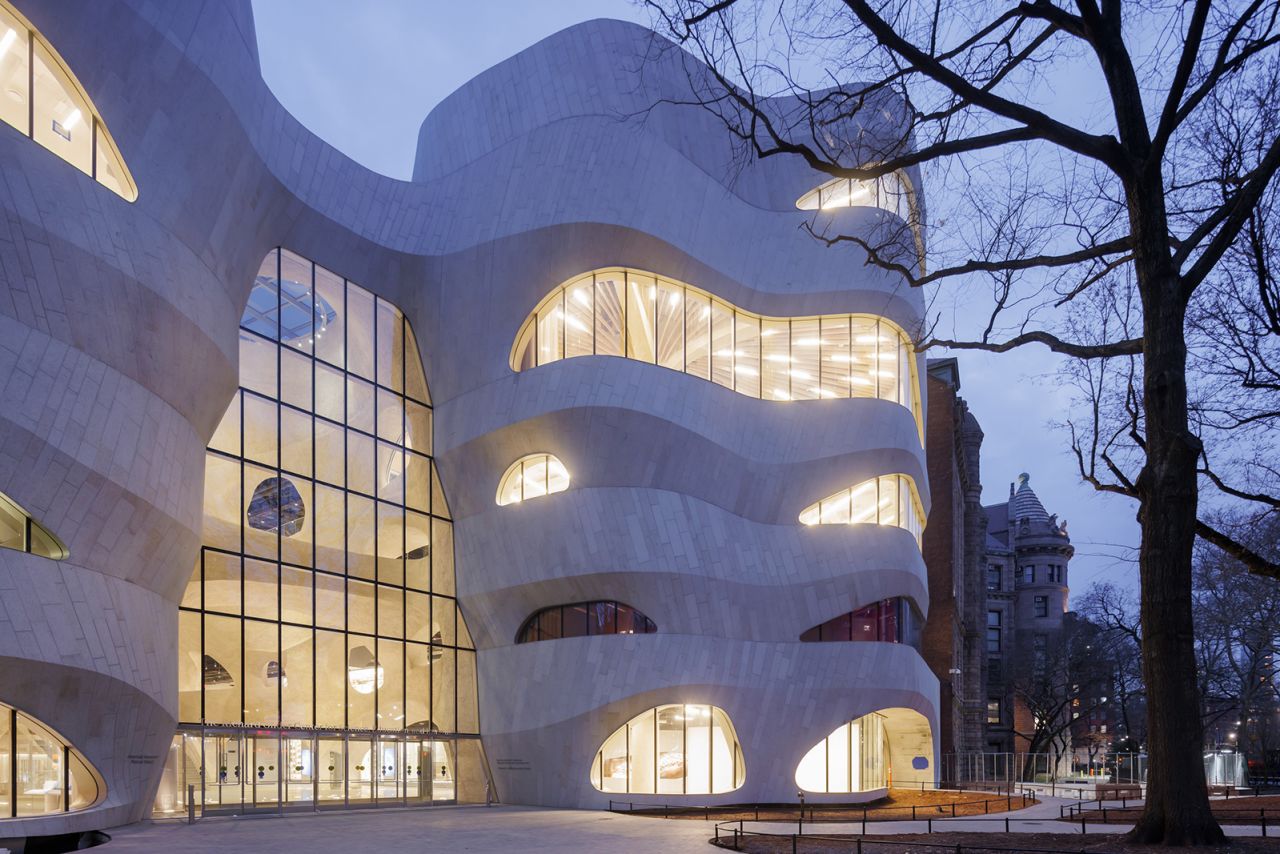 At dusk, the curved windows of the Richard Gilder Center for Science, Education, and Innovation exude an inviting soft glow. From this vantage point in the renovated section of Theodore Roosevelt Park, the Gilder Center can be viewed in the context of the Museum's existing campus, visible just beyond the Gilder Center's gently undulating façade.