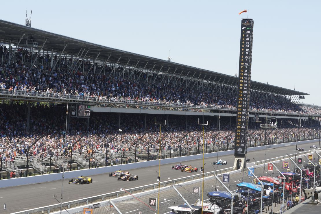 View of fans in the stands during race at Indianapolis Motor Speedway. Indianapolis,