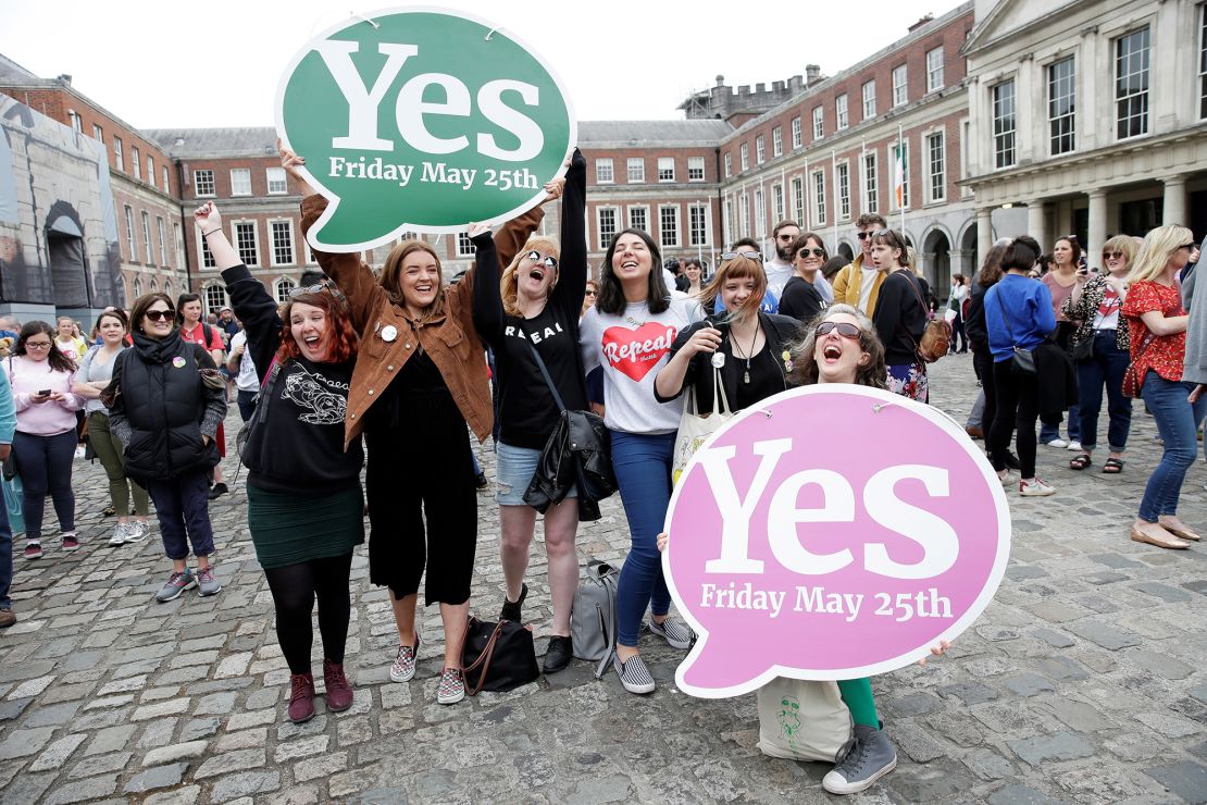Women celebrate the result of the referendum on liberalizing abortion law, in Dublin, Ireland, on May 26, 2018.