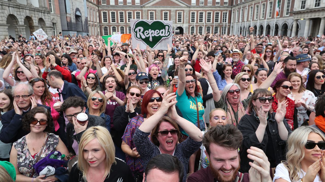 Members of the public celebrate at Dublin Castle after the results of the May 25, 2018 referendum on the 8th Amendment of the Irish Constitution.