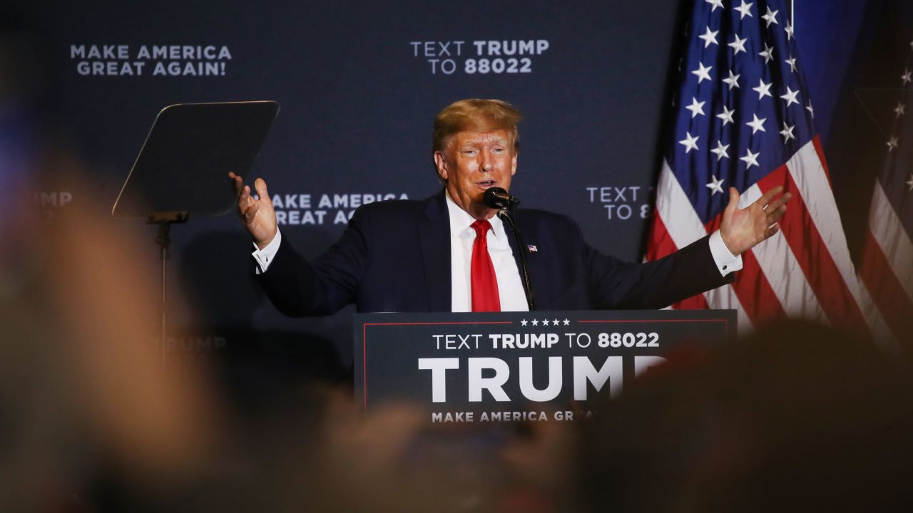 Former President Donald Trump speaks at a campaign rally on April 27, 2023, in Manchester, New Hampshire.