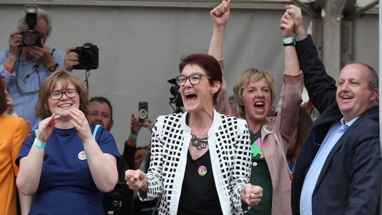 Campaigner Ailbhe Smyth (center) celebrates at Dublin Castle as the results are announced in the referendum on the repeal of the 8th Amendment.