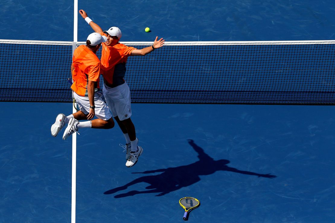 An iconic Bryan bump at the 2012 US Open. 