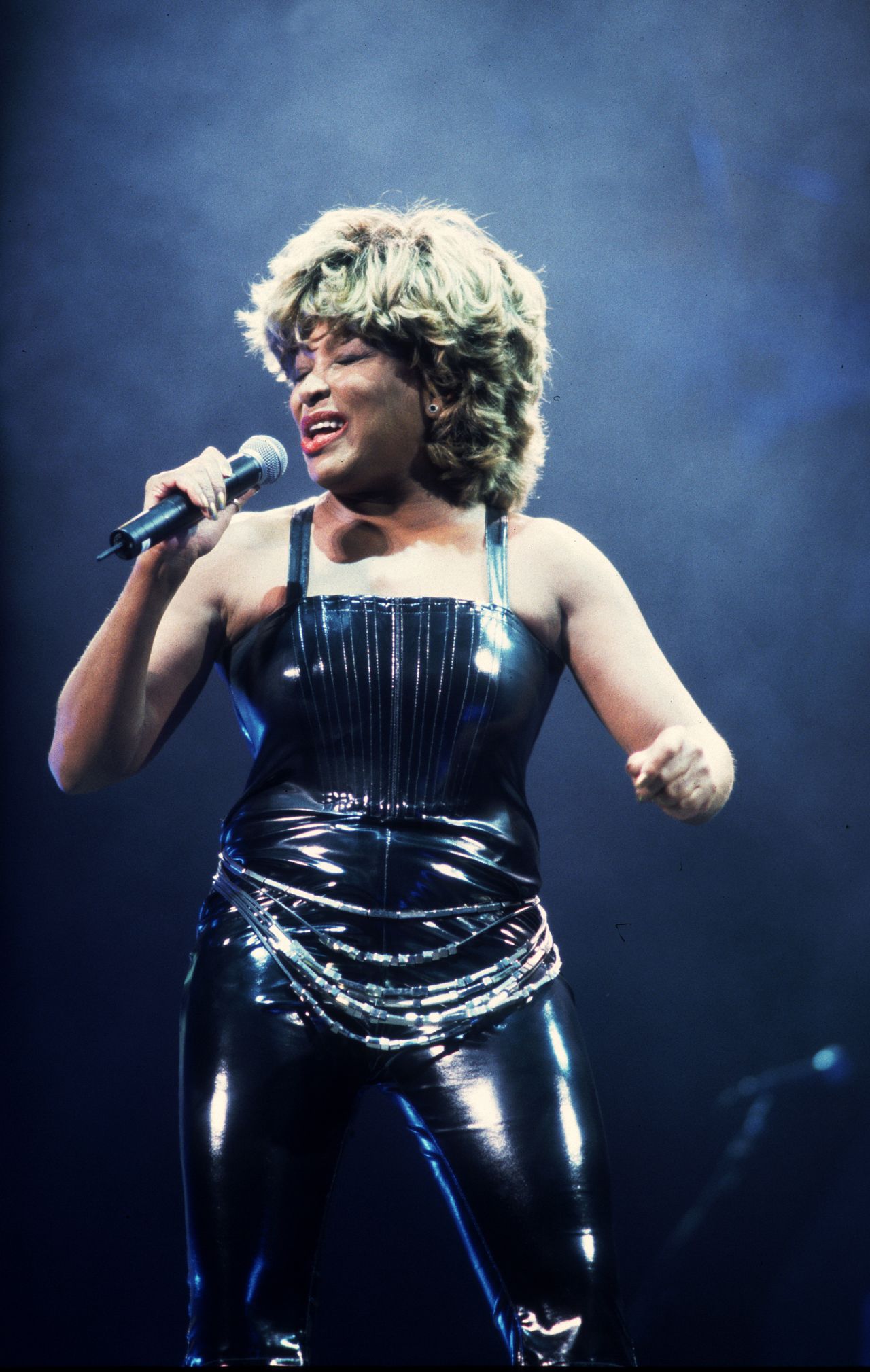 The performer loved bold, skintight leather jumpsuits, like this one from 1997.