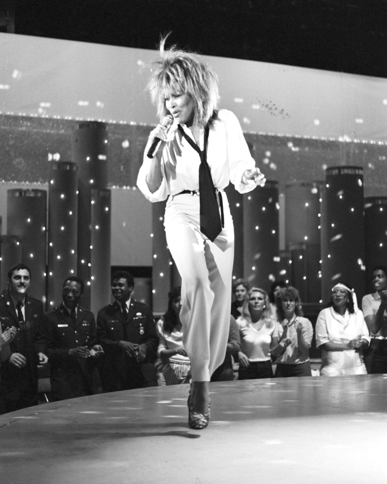 Turner in a blouse and tie while performing for television in Los Angeles in 1984.