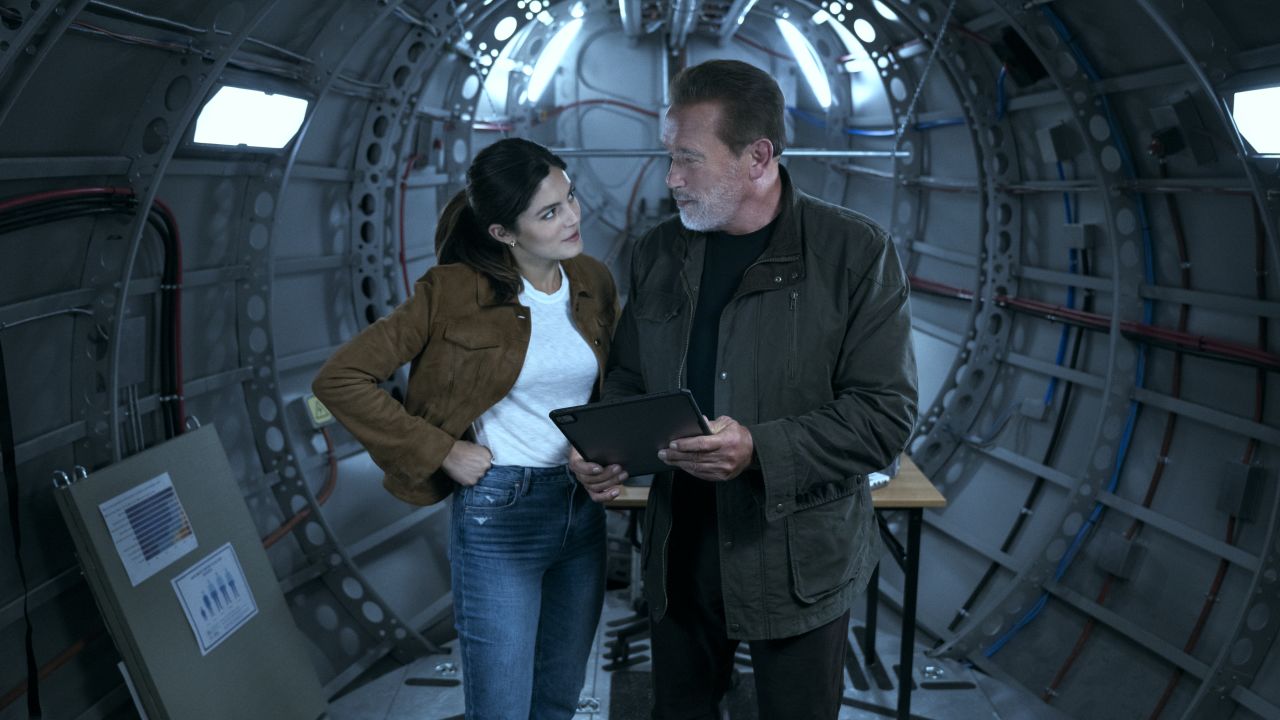 Monica Barbaro and Arnold Schwarzenegger in the Netflix series "Fubar."