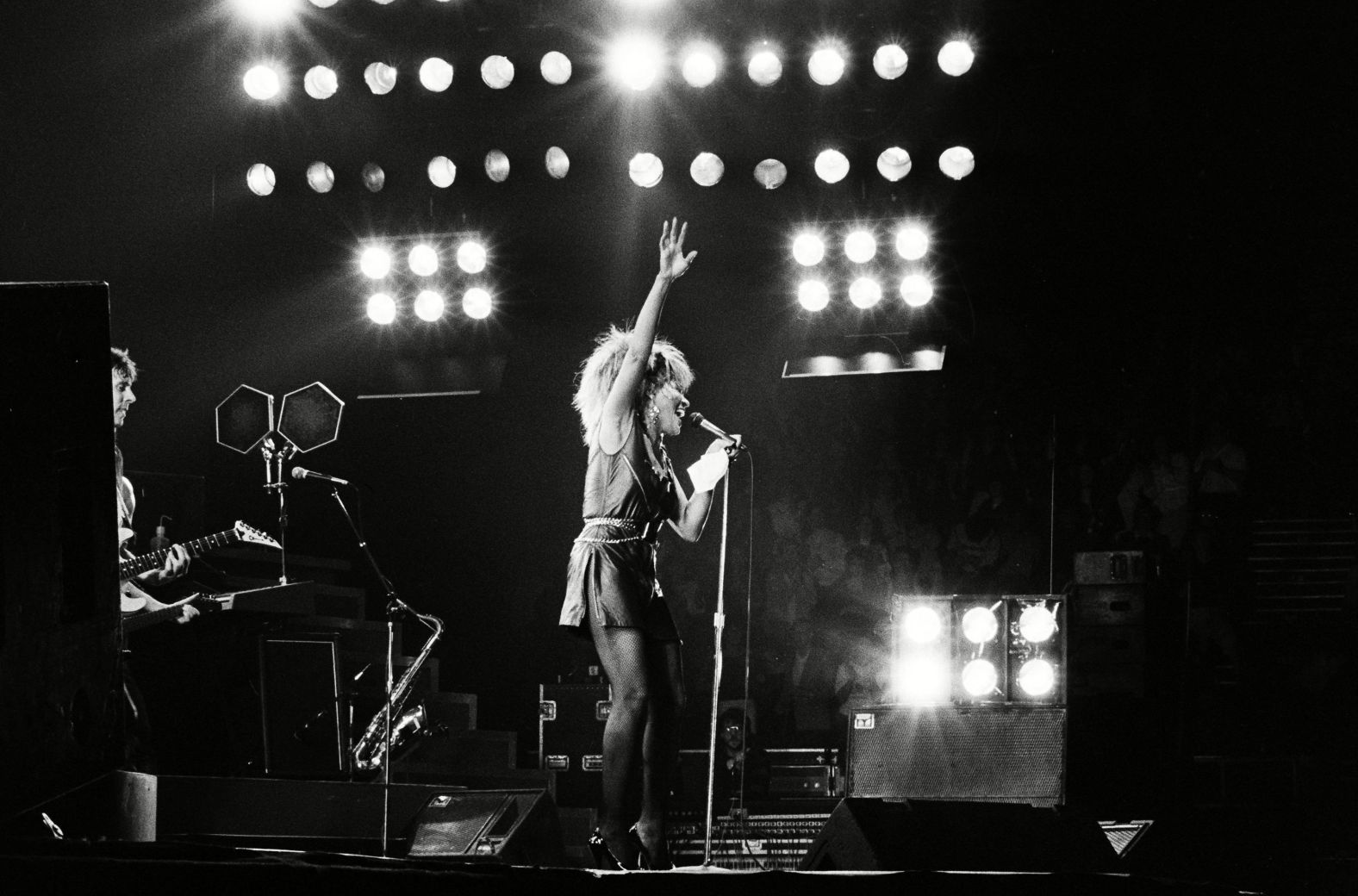 Turner performs at a "Private Dancer" concert in London in 1985. 