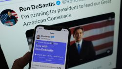 This illustration photo shows the live Twitter talk with Elon Musk on a background of Ron DeSantis as he announces his 2024 presidential run on his Twitter page, May 24, 2023 in Los Angeles, California. Republican Ron DeSantis kicked off his 2024 presidential campaign May 24, 2023 with a live event opposite Twitter boss Elon Musk that descended into farce as it was beset by technical bugs. (Photo by Chris DELMAS / AFP) (Photo by CHRIS DELMAS/AFP via Getty Images)