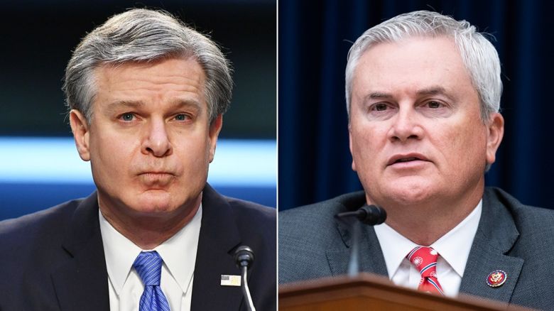 From left, FBI Director Christopher Wray and Chairman James Comer.