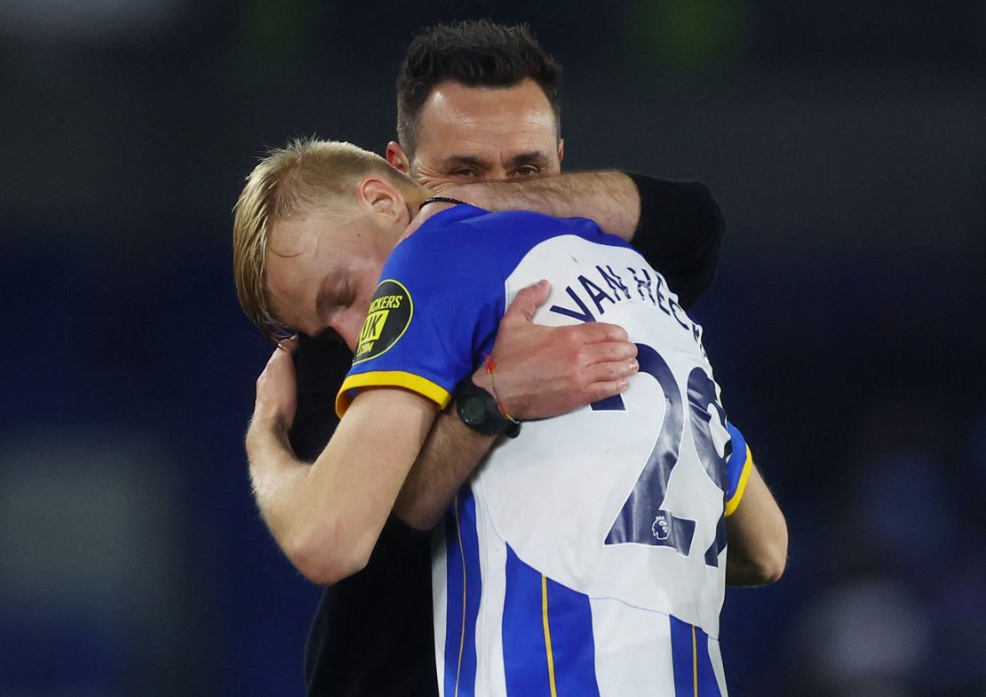 De Zerbi celebrates qualifying for the Europa League on Wednesday. 