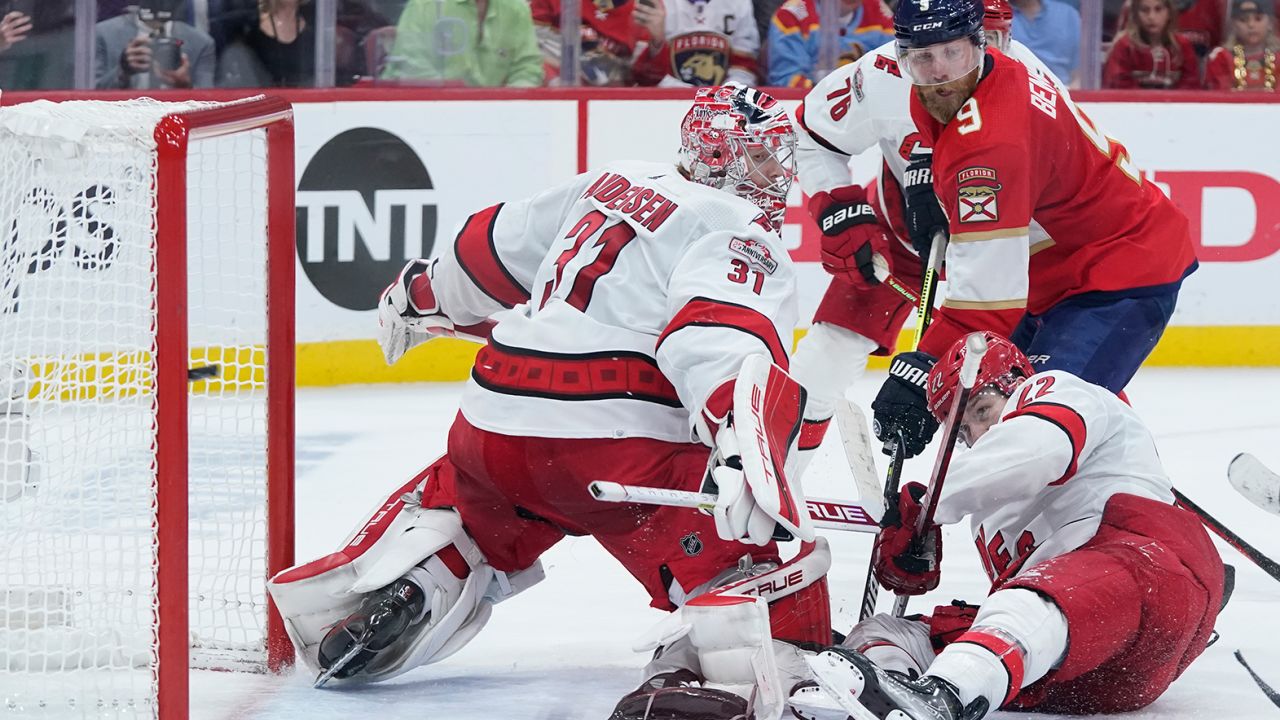 Carolina Hurricanes goaltender Frederik Andersen (31) reacts as a puck hit by Florida Panthers left wing Matthew Tkachuk (not shown) goes into the net with seconds to spare. 