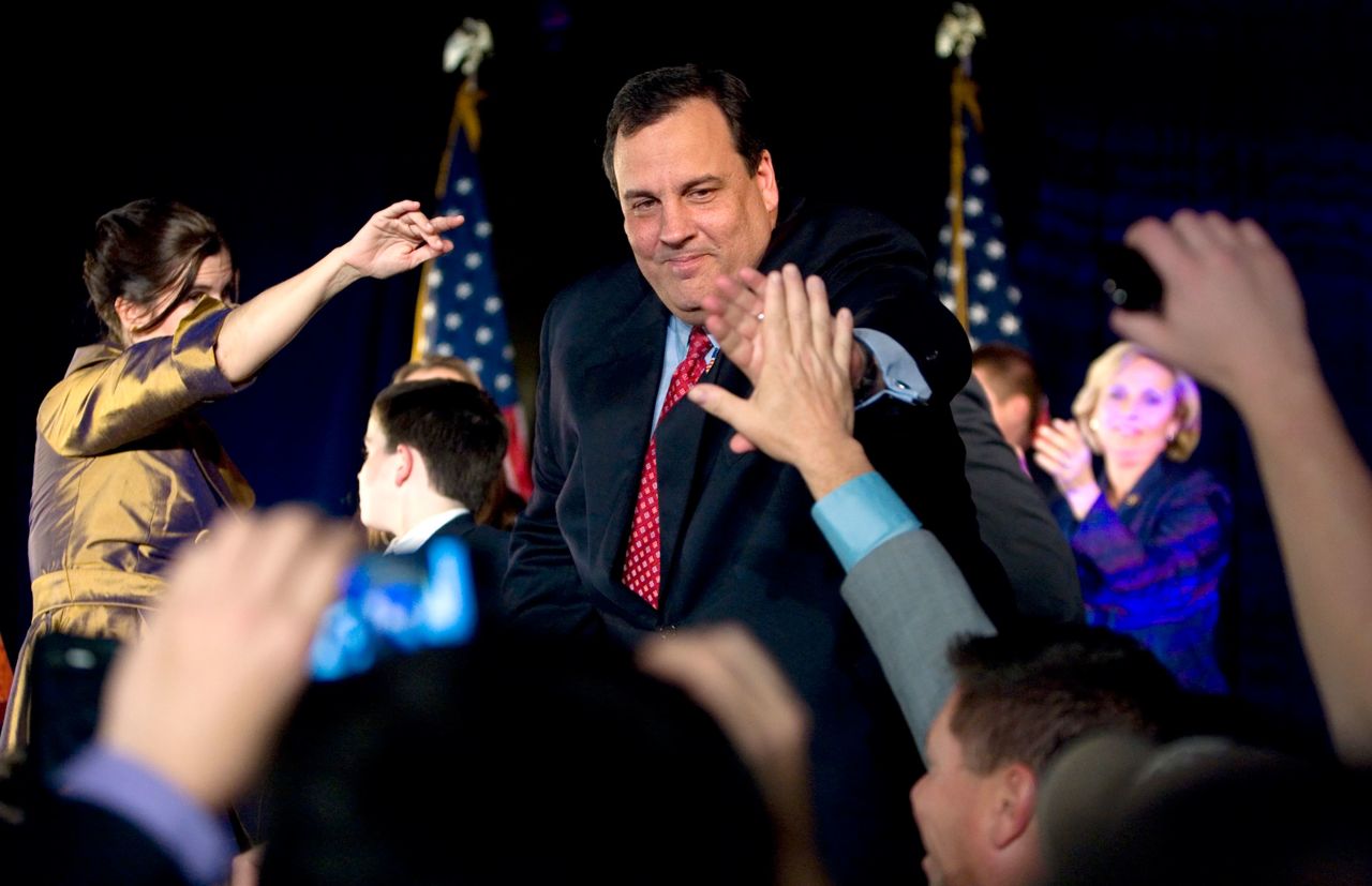 Christie greets supporters in Parsippany, New Jersey, after he defeated Corzine in November 2009. He won by nearly four percentage points.