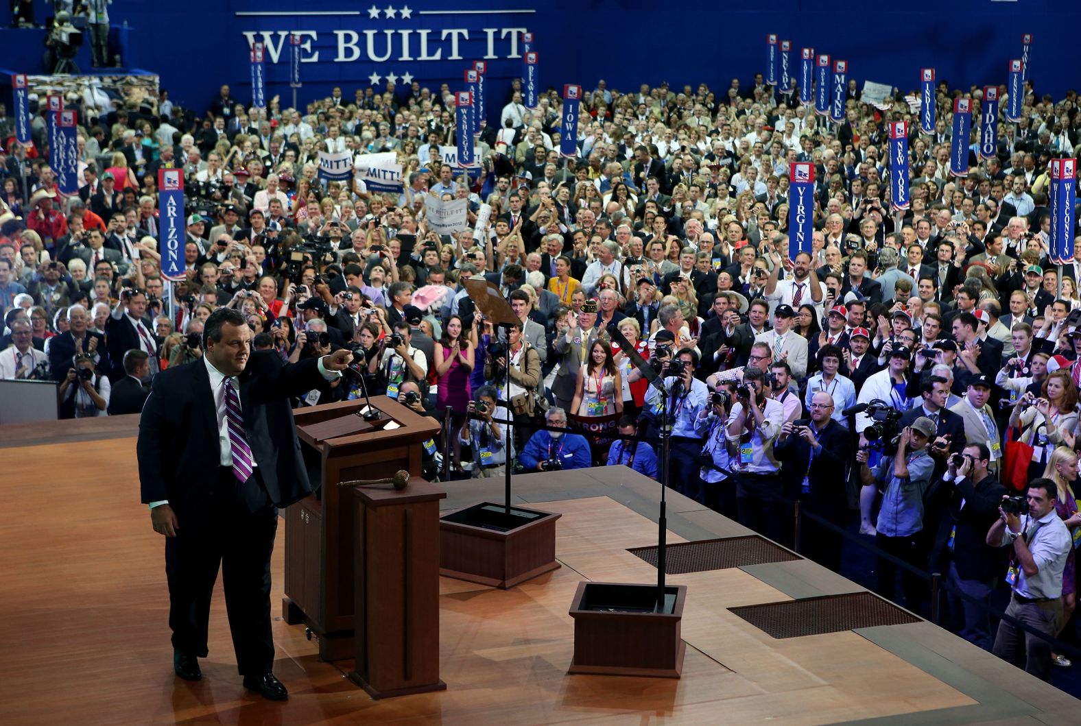 Christie takes the stage to deliver the keynote address on the first night of the Republican National Convention in August 2012. <a href="index.php?page=&url=http%3A%2F%2Fwww.cnn.com%2F2012%2F08%2F29%2Fpolitics%2Fchristie-speech%2Findex.html" target="_blank">During his speech</a>, Christie argued that the American people should focus on ideas rather than rhetoric. He also outlined differences between Republicans and Democrats on governing philosophy while highlighting his bipartisan achievements, such as balancing the state's budget and reforming the pension and health benefit system.