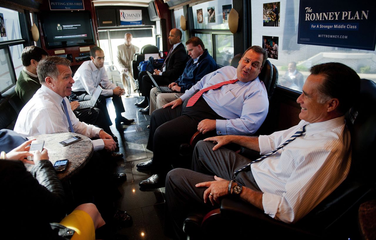 Christie talks to Mitt Romney aboard Romney's campaign bus in October 2012. He was among those vetted to be Romney's running mate, but Romney ultimately went with US Rep. Paul Ryan. 