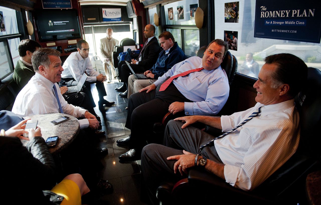 Christie talks to Mitt Romney aboard Romney's campaign bus in October 2012. He was among those vetted to be Romney's running mate, but Romney ultimately went with US Rep. Paul Ryan.
