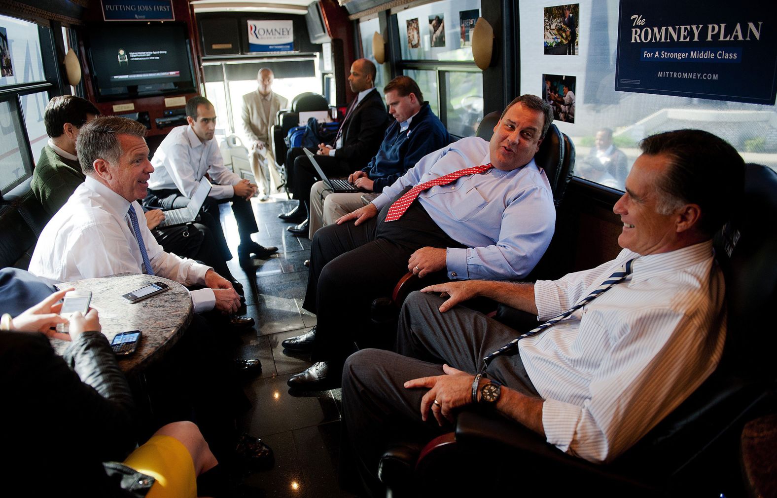 Christie talks to Mitt Romney aboard Romney's campaign bus in October 2012. He was among those vetted to be Romney's running mate, but Romney ultimately went with US Rep. Paul Ryan. 