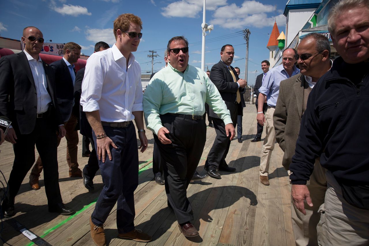 Christie walks with Britain's Prince Harry on the boardwalk in Seaside Heights, New Jersey, in May 2013. Harry was on a weeklong US tour.