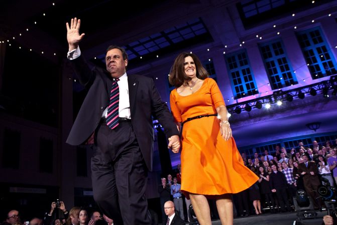 Christie, with his wife, Mary Pat, waves to supporters after winning a second term as governor in November 2013. He defeated his Democratic opponent, Barbara Buono, by more than 20 percentage points.