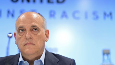 The president of the Spanish football league 'La Liga' Javier Tebas looks on as he gives a press conference in Madrid on May 25, 2023 amid an international outcry after racist abuse was hurled at Real Madrid's Brazilian forward Vinicius Junior during a Spanish league match. The 22-year-old Brazilian forward drew international support after making a stand against the last racist abuse he received from Valencia supporters on May 21. (Photo by OSCAR DEL POZO / AFP) (Photo by OSCAR DEL POZO/AFP via Getty Images)