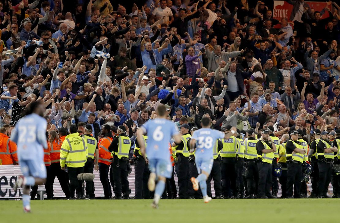 Coventry fans celebrate at full-time following the Championship play-off semifinal second leg against Middlesbrough. 