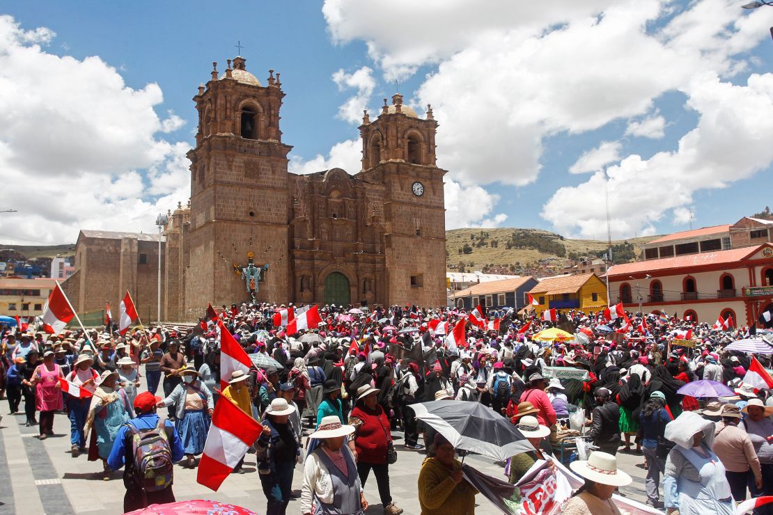 Residents of the Uros and Taquile islands in Lake Titicaca, bordering Bolivia, protest in the city of Puno, Peru, on January 24.