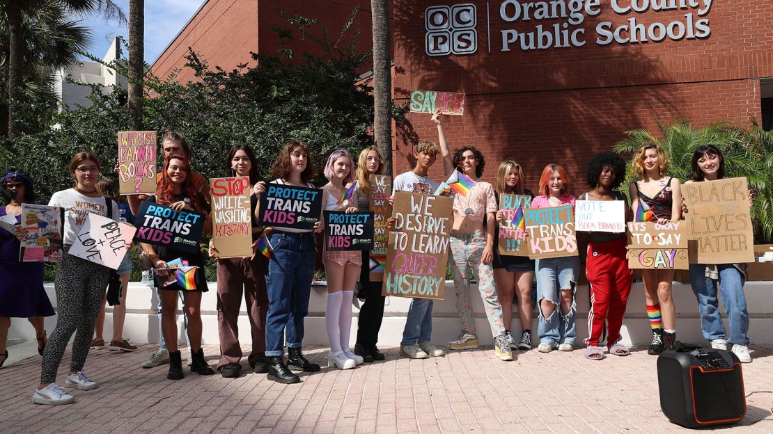 Students hold a rally outside a Orange County School Board meeting on May 24, 2022, in Orlando, Florida, as a student group based at Winter Park High and a local group opposed to book bans gather to rally against state laws, including "don't say gay." (Ricardo Ramirez Buxeda/Orlando Sentinel/Tribune News Service via Getty Images)