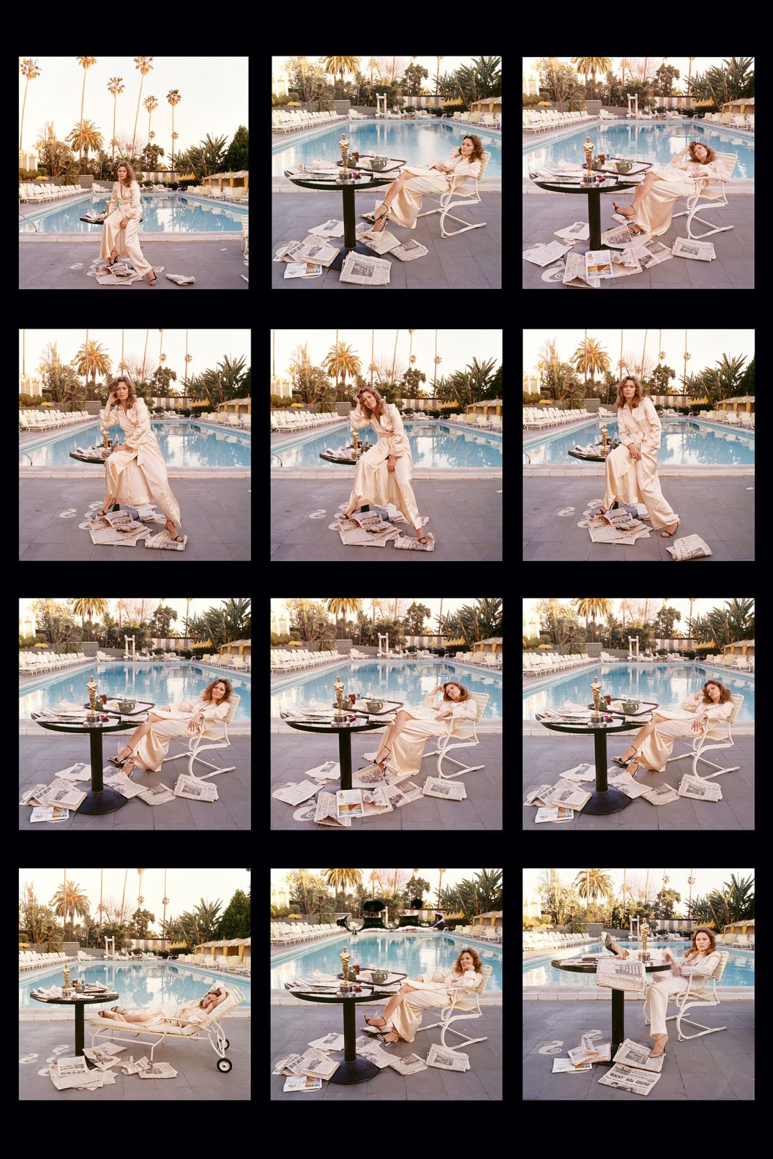 American actress Faye Dunaway takes breakfast by the pool with the day's newspapers at the Beverley Hills Hotel, 29th March 1977. She seems less than elated with her success at the previous night's Academy Awards ceremony, where she won the 1976 Oscar for Best Actress in a Leading Role for 'Network'.