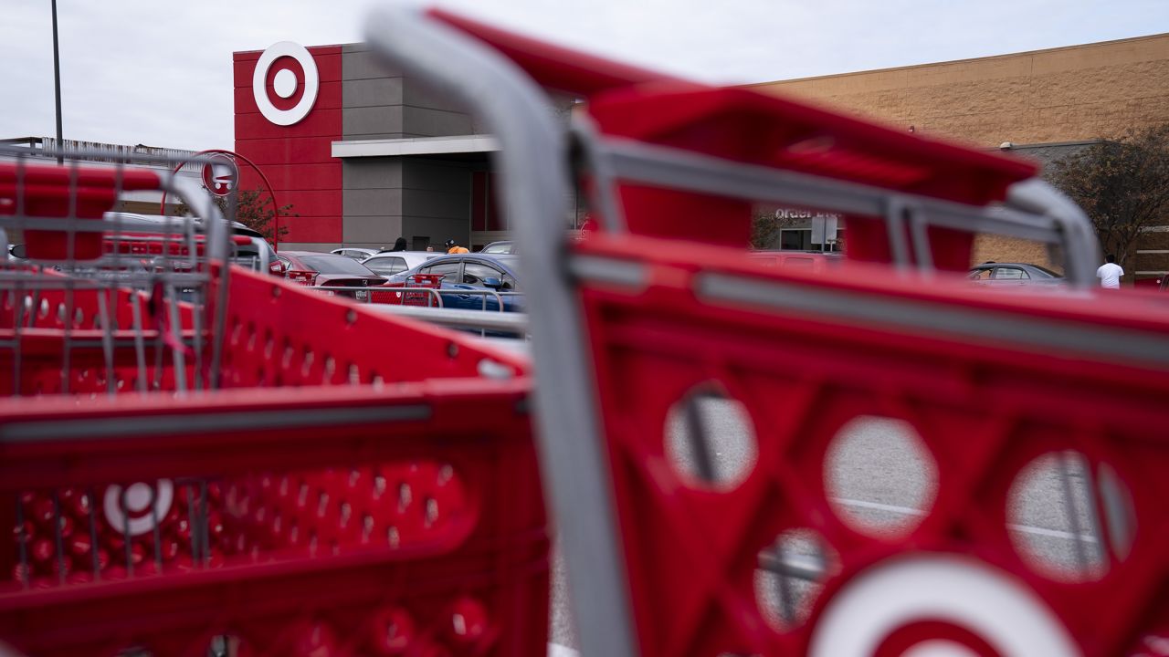 Shopping carts in the parking lot of a Target store in Hyattsville, Maryland, US, on Thursday, Nov. 10, 2022.