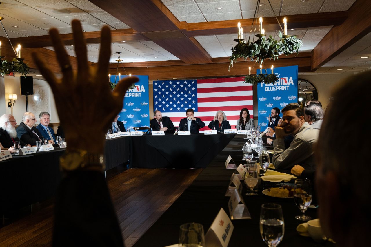 Florida Gov. <a href="http://www.cnn.com/2022/08/11/politics/gallery/ron-desantis/index.html" target="_blank">Ron DeSantis</a> speaks with New Hampshire state legislators during an event in Bedford, New Hampshire, on Friday, May 19. DeSantis announced this week that <a href="https://www.cnn.com/2023/05/24/politics/ron-desantis-fec-filing-2024/index.html" target="_blank">he would be running for president</a>.