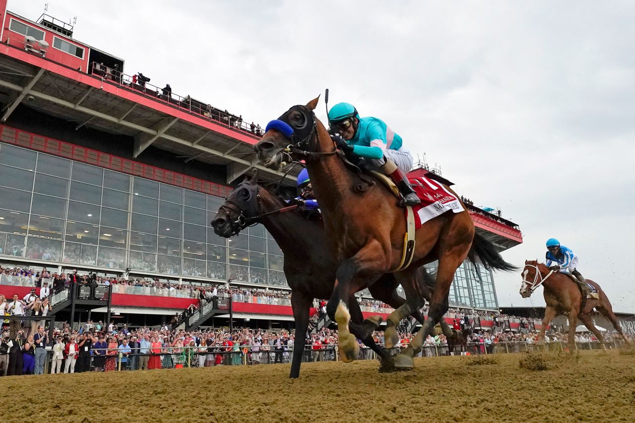 National Treasure, with jockey John Velazquez, edges Blazing Sevens <a href="https://www.cnn.com/2023/05/20/sport/preakness-results-national-treasure/index.html" target="_blank">to win the Preakness Stakes</a> in Baltimore on Saturday, May 20.