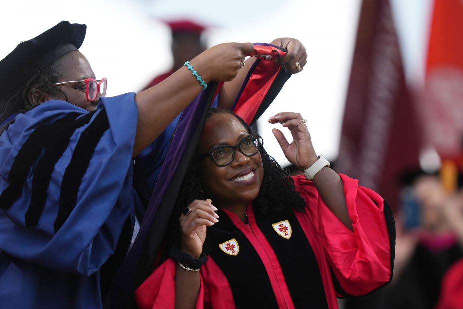 US Supreme Court Justice Ketanji Brown Jackson receives an honorary degree at Boston University's graduation ceremony on Sunday, May 21. She spoke earlier in the day to graduates of BU's School of Law.