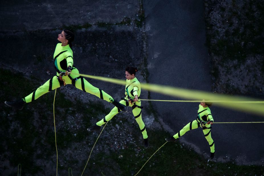 Artists from the CIA Base vertical dance and aerial circus group perform during the International Circus Festival in Rio de Janeiro on Friday, May 19.