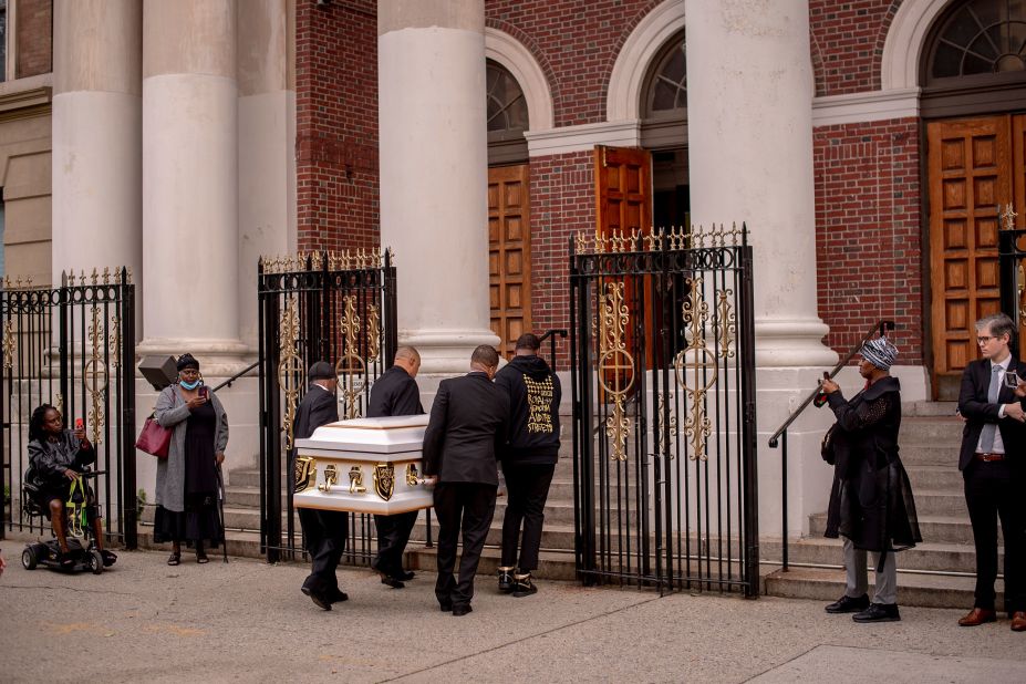 The casket containing Jordan Neely's body is carried into the Mount Neboh Baptist Church in Harlem, New York, ahead of <a href="https://www.cnn.com/2023/05/19/us/jordan-neely-funeral-harlem/index.html" target="_blank">his funeral</a> on Friday, May 19. Neely, the 30-year-old homeless street artist who was the victim of a fatal chokehold on a New York City subway, was remembered at his funeral as a "well known and loved" performer.