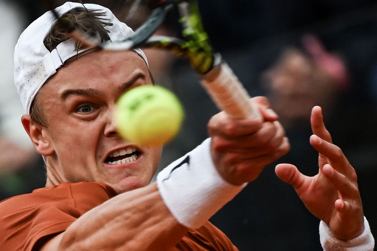 Holger Rune returns a shot during a match at the Italian Open in Rome on Saturday, May 20.