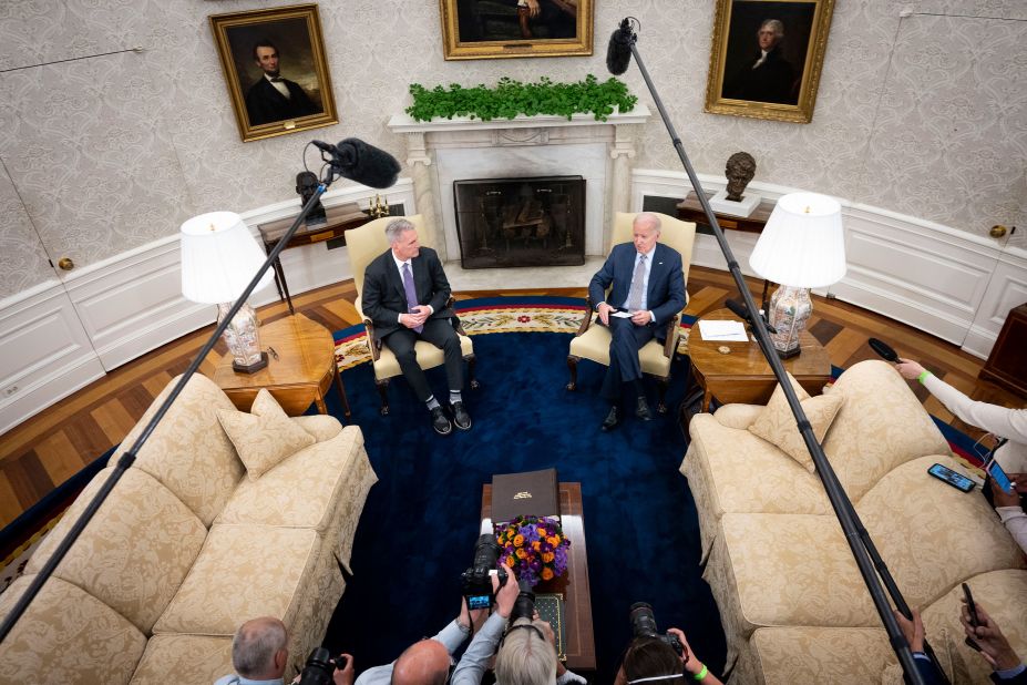 US House Speaker Kevin McCarthy, left, and US President Joe Biden meet in the White House Oval Office on Monday, May 22. McCarthy told Republicans during a closed-door meeting on Tuesday that he's <a href="https://www.cnn.com/2023/05/23/politics/debt-ceiling-tuesday/index.html" target="_blank">not close to a bipartisan deal with Biden</a> to avoid a first-ever default on the nation's debt.
