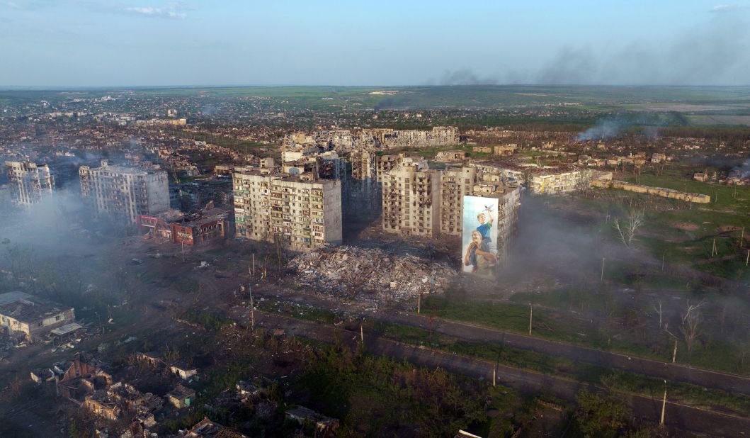 Damage is seen in Bakhmut, Ukraine, on Friday, May 19. Russia has thrown <a href="https://www.cnn.com/2023/05/20/europe/bakhmut-capture-wagner-ukraine-russia-intl/index.html" target="_blank">huge amounts of manpower, weaponry and attention</a> toward capturing the city.
