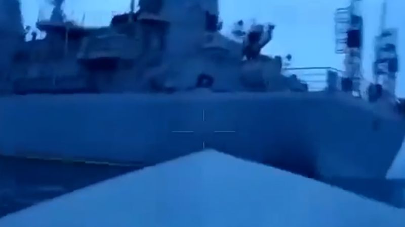 Video shows Russian reconnaissance ship seemingly hit by unmanned surface vessel | CNN