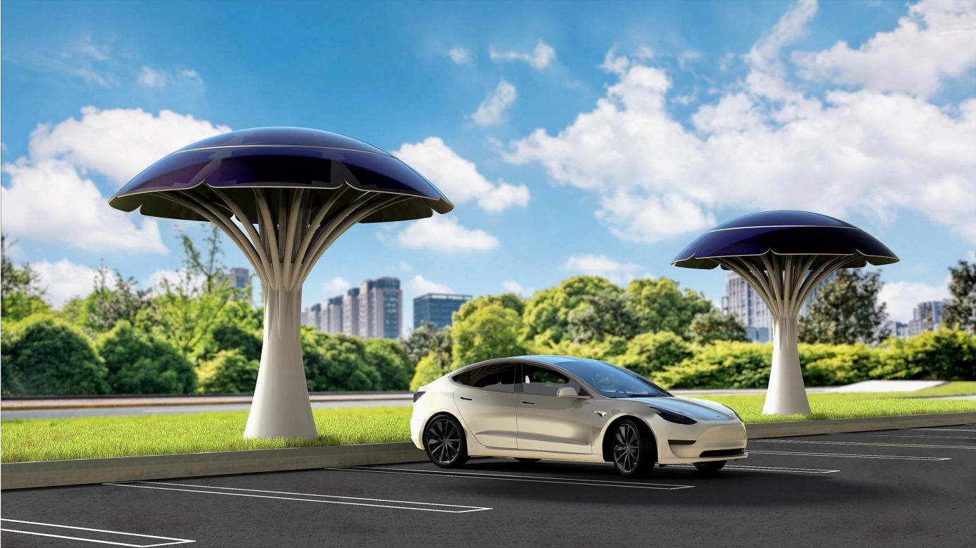 The concept, developed by British startup SolarBotanic Trees and shown here in a rendering, aims to provide an aesthetically pleasing and green solution for  charging electric vehicles. It is one of many solar solutions across cities and towns aimed to help the energy transition from fossil fuels to renewables.