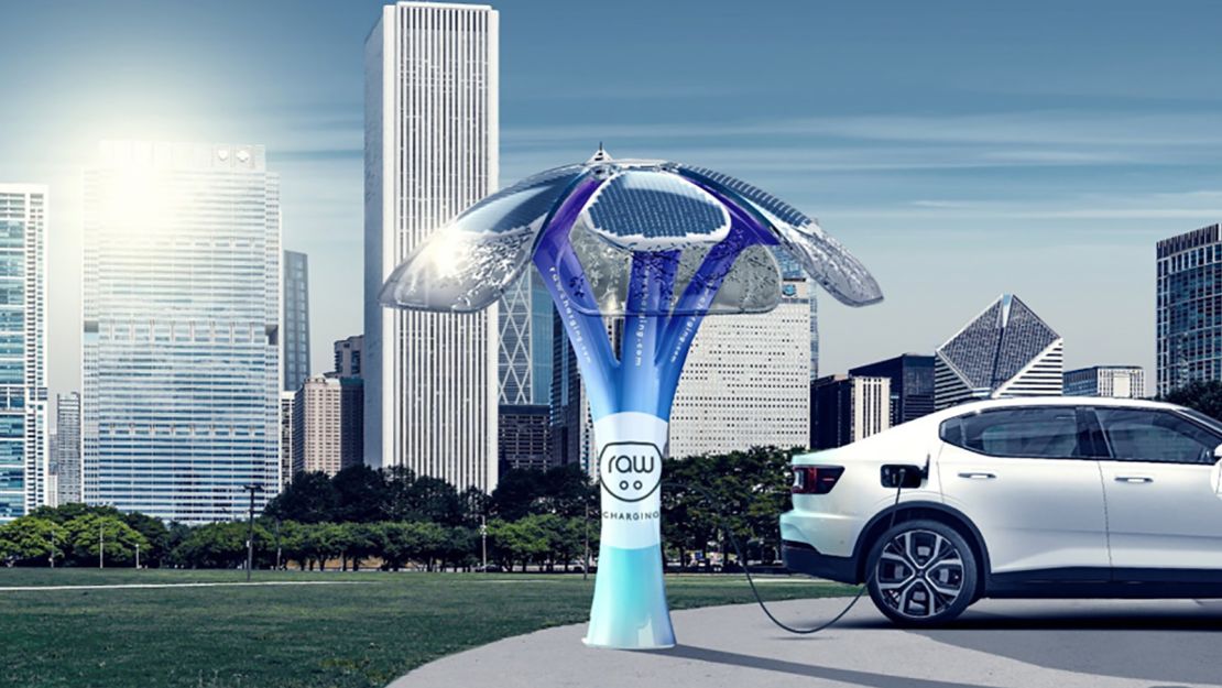 SolarBotanic Trees has partnered with RAW Charging to supply co-branded trees (shown here in a rendering) as part of a network of EV charging sites.