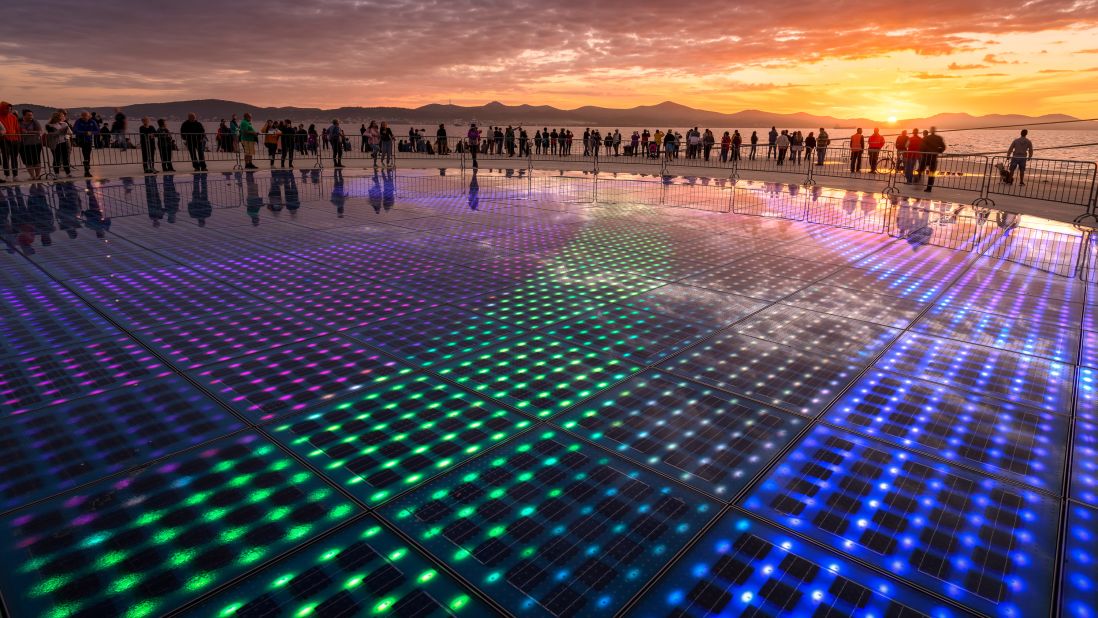 <strong>Sundowner: </strong>Along Zadar's waterfront, the "Greeting to the Sun" sculpture glows at night.