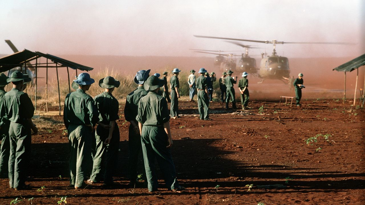 UH-1 Iroquois helicopters arrive to pick up American prisoners of war at Loc Ninh, Vietnam, in February 1973.
